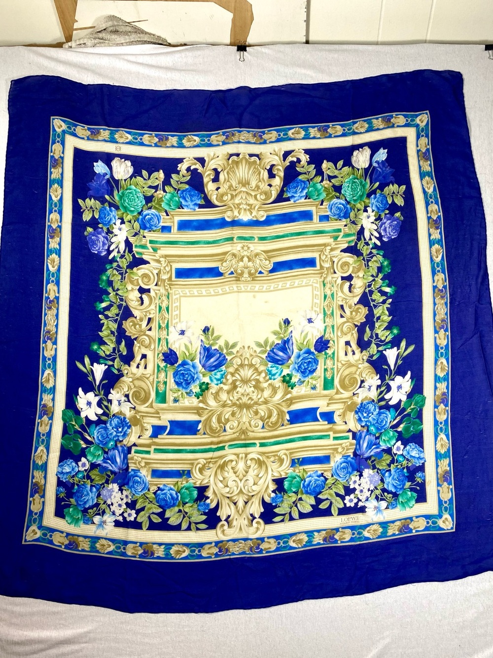 Vintage Loewe Retablo Floral 100% Silk Scarf Blue Baroque Floral 34”